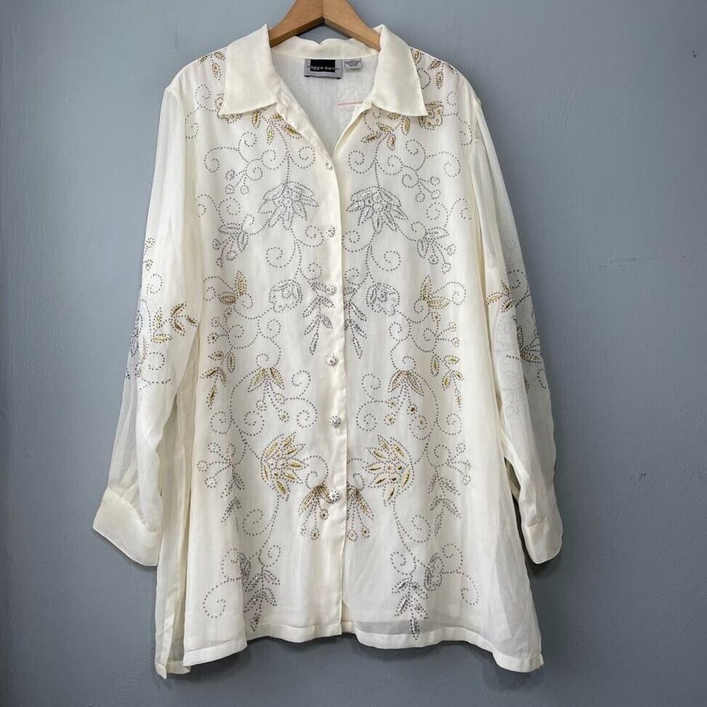Maggie Barnes Plus Size 1X Ivory Metallic Embroidered Sheer Top Glam Grandma